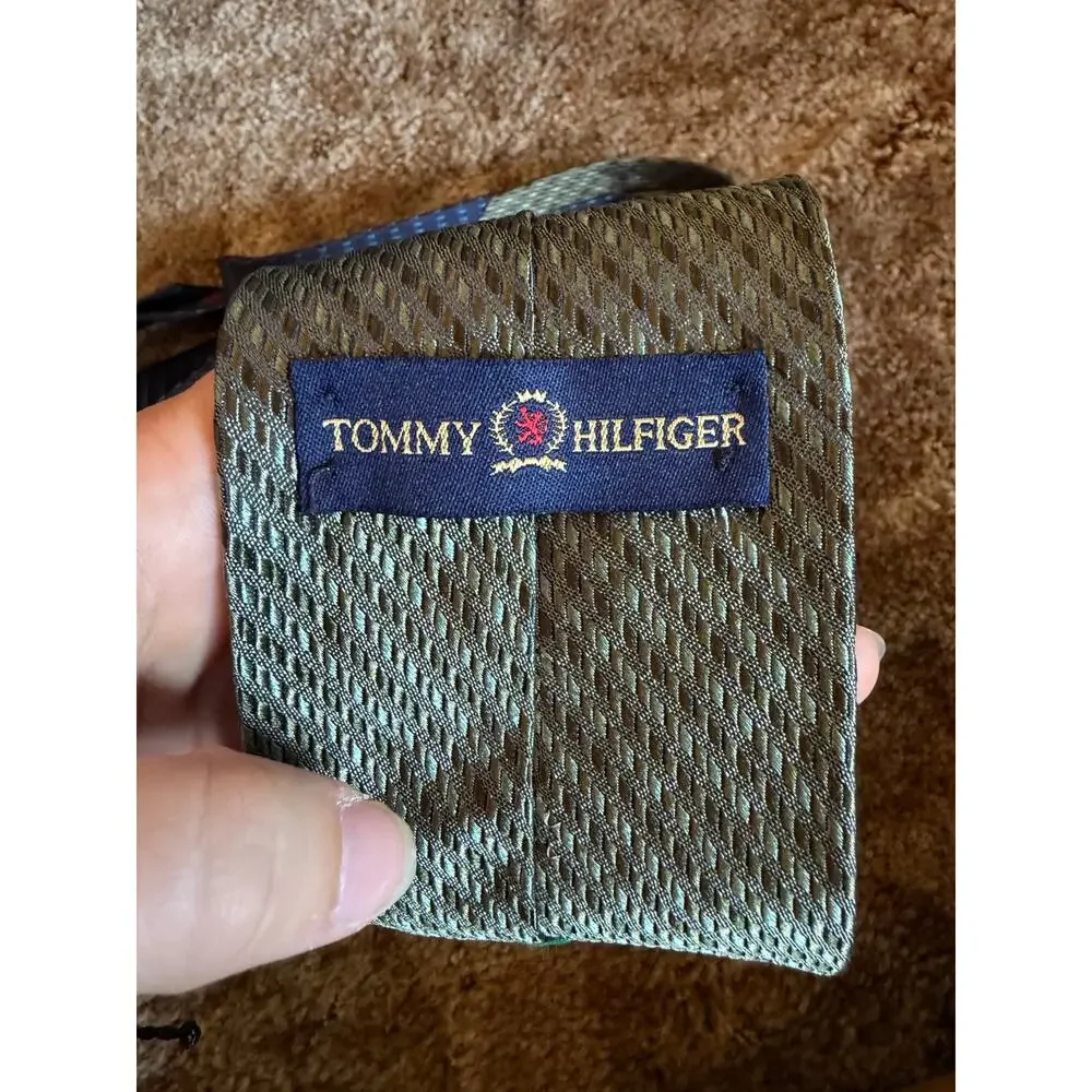 Vintage Tommy Hilfiger Silk Tie Green Gold Herringbone Geometric Preppy USA